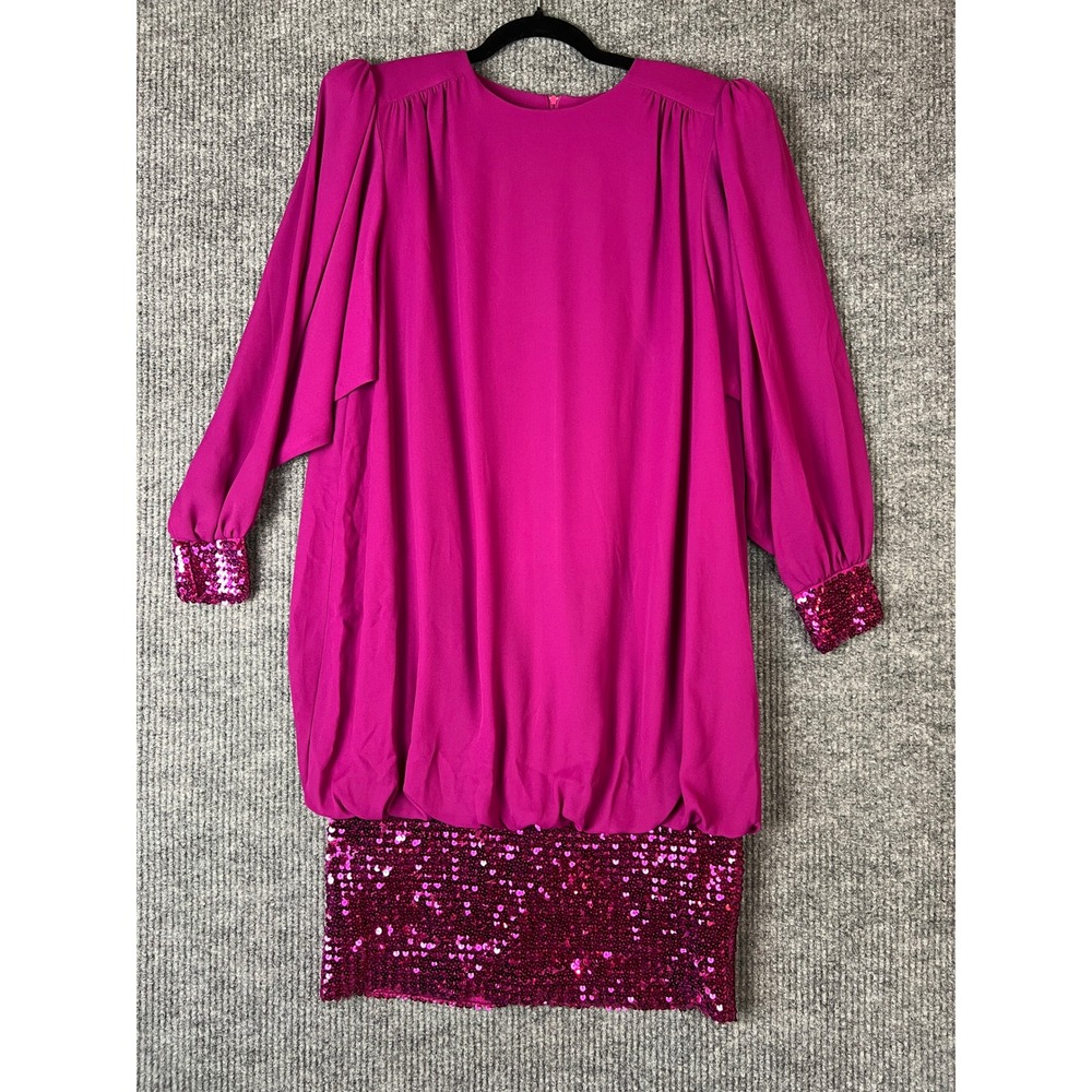 80s Glam Hot Pink Sequin Drop Waist Cocktail Party Dress Puff Sleeve Oversized